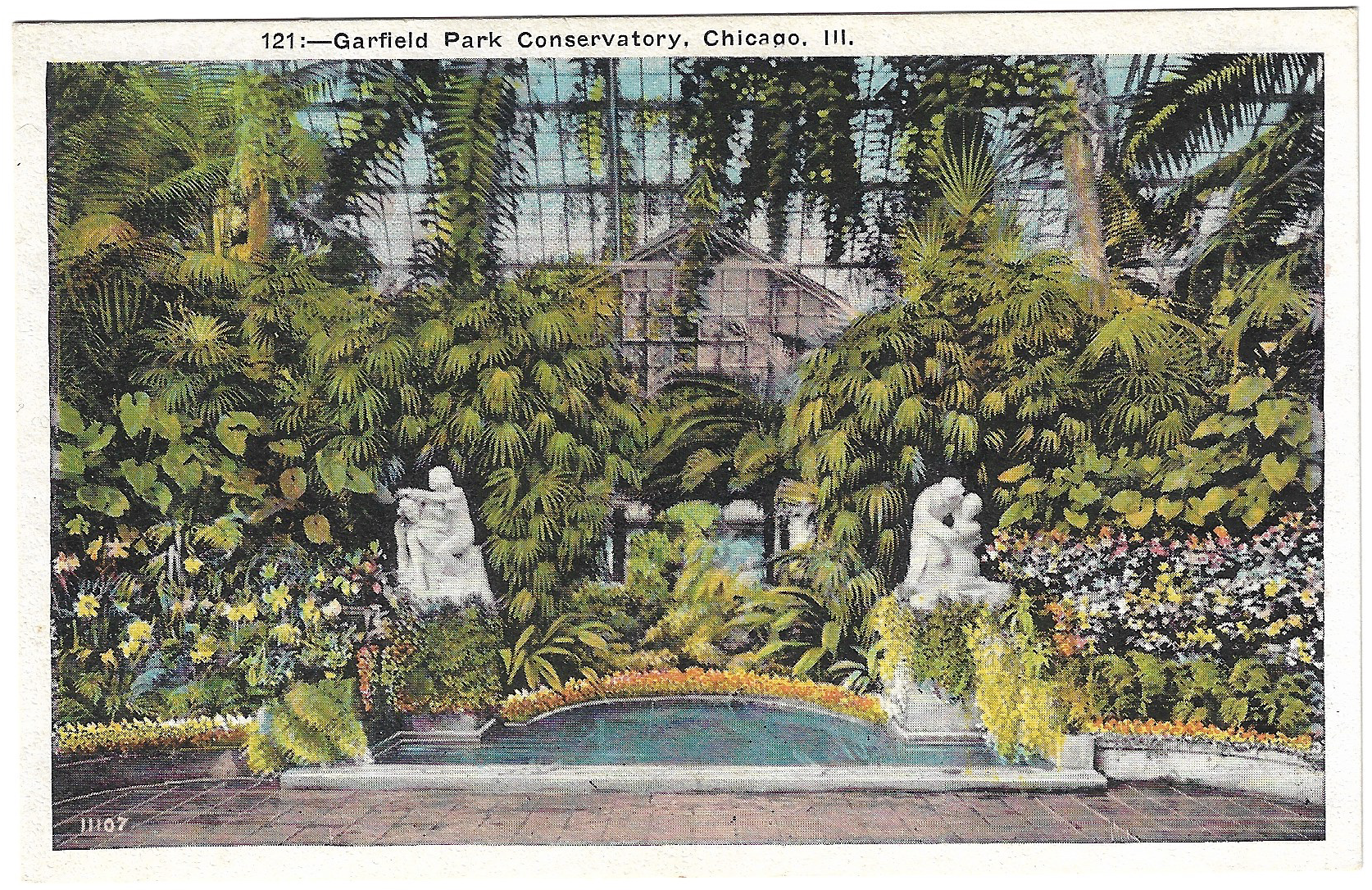 Old linen postcard with an illustration of a conservatory full of green trees and plants, caption at top reads Garfield Park Conservatory Chicago Ill