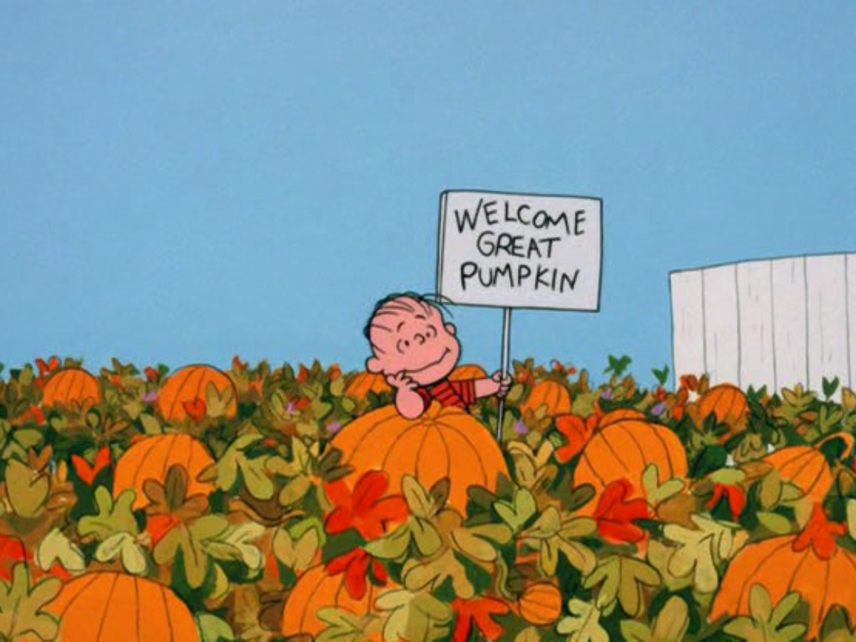 Linus from the cartoon Peanuts in a pumpkin patch with a sign that reads Welcome Great Pumpkin