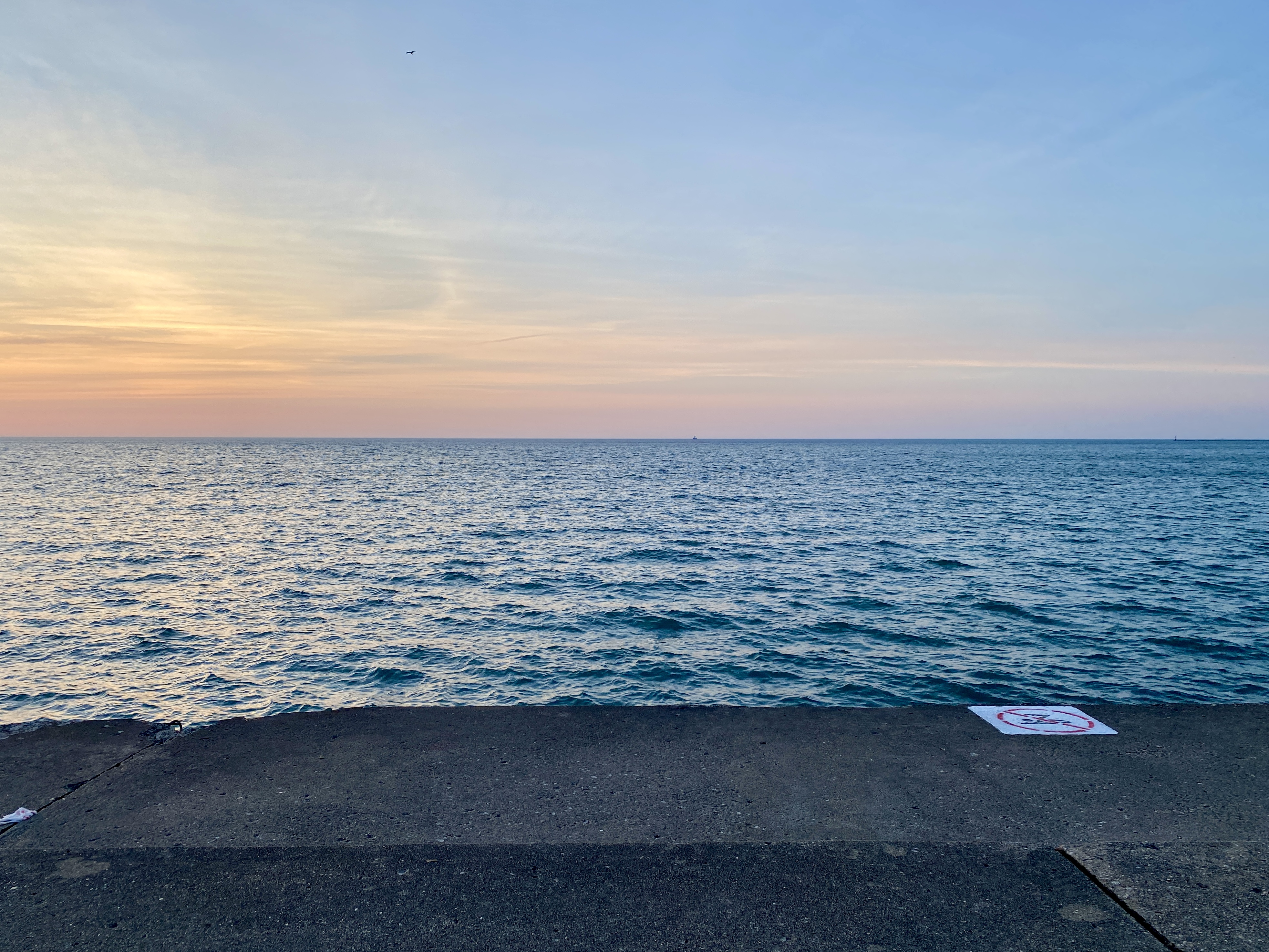 Horizon of a large blue lake just after sunrise, yellow and pink to the left, with small waves and a strip of concrete in the foreground