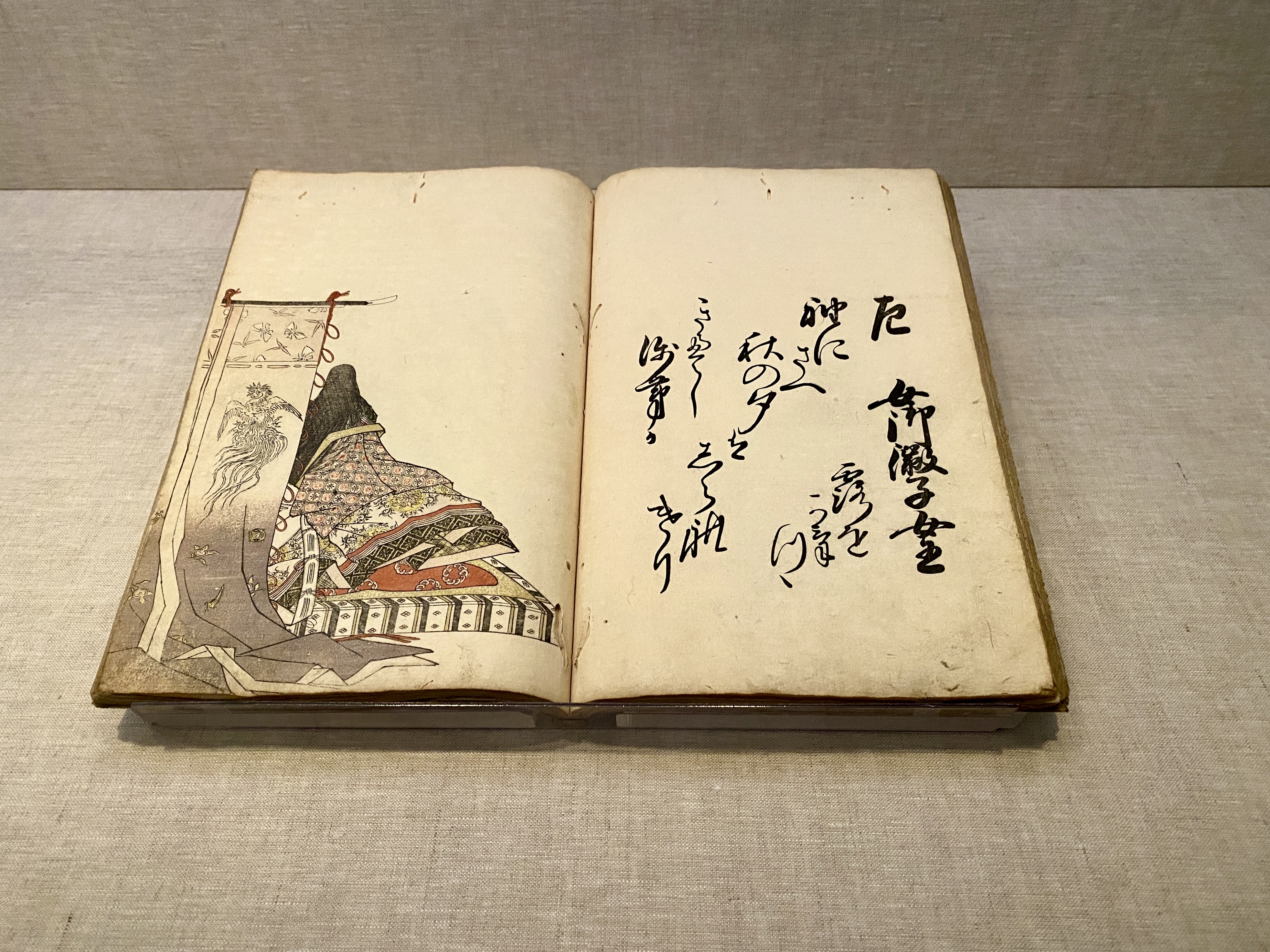 An open book with yellowed pages showing an antique illustration of Japanese banner and on the opposite page a series of Japanese characters